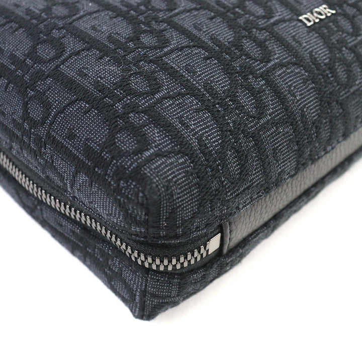 Pristine DIOR Pouch Logo Metal Leather Oblique Canvas Round Zip Black series