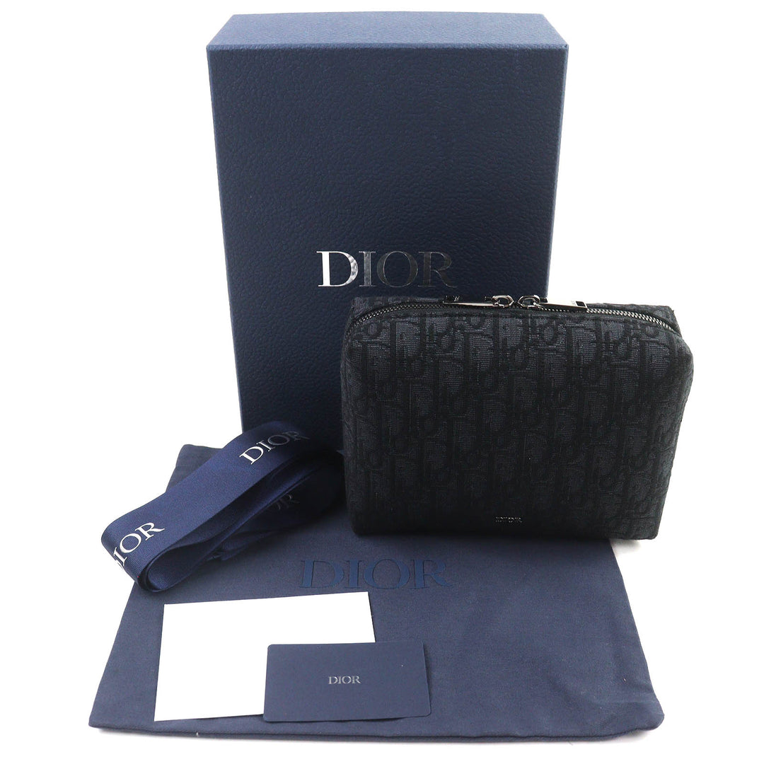 Pristine DIOR Pouch Logo Metal Leather Oblique Canvas Round Zip Black series canvas Women