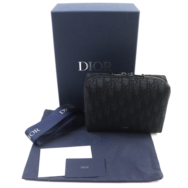 Pristine DIOR Pouch Logo Metal Leather Oblique Canvas Round Zip Black series canvas Women