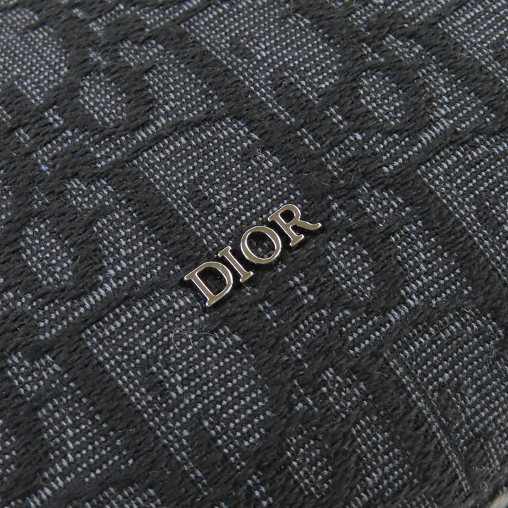 Pristine DIOR Pouch Logo Metal Leather Oblique Canvas Round Zip Black series canvas Women