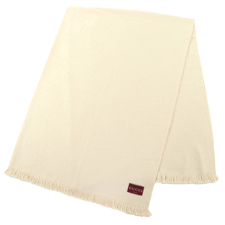 Excellent GUCCI GG Jacquard Fringe Large Shawl Blanket light beige wool 795551