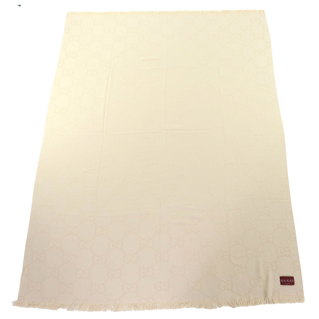 Excellent GUCCI GG Jacquard Fringe Large Shawl Blanket light beige wool 795551