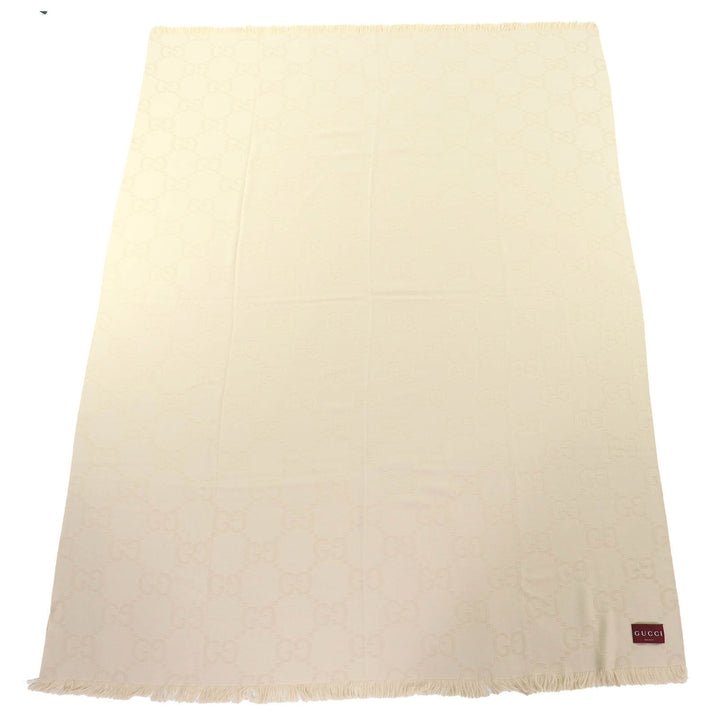 Excellent GUCCI GG Jacquard Fringe Large Shawl Blanket light beige wool 795551