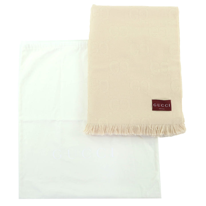 Excellent GUCCI GG Jacquard Fringe Large Shawl Blanket light beige wool 795551