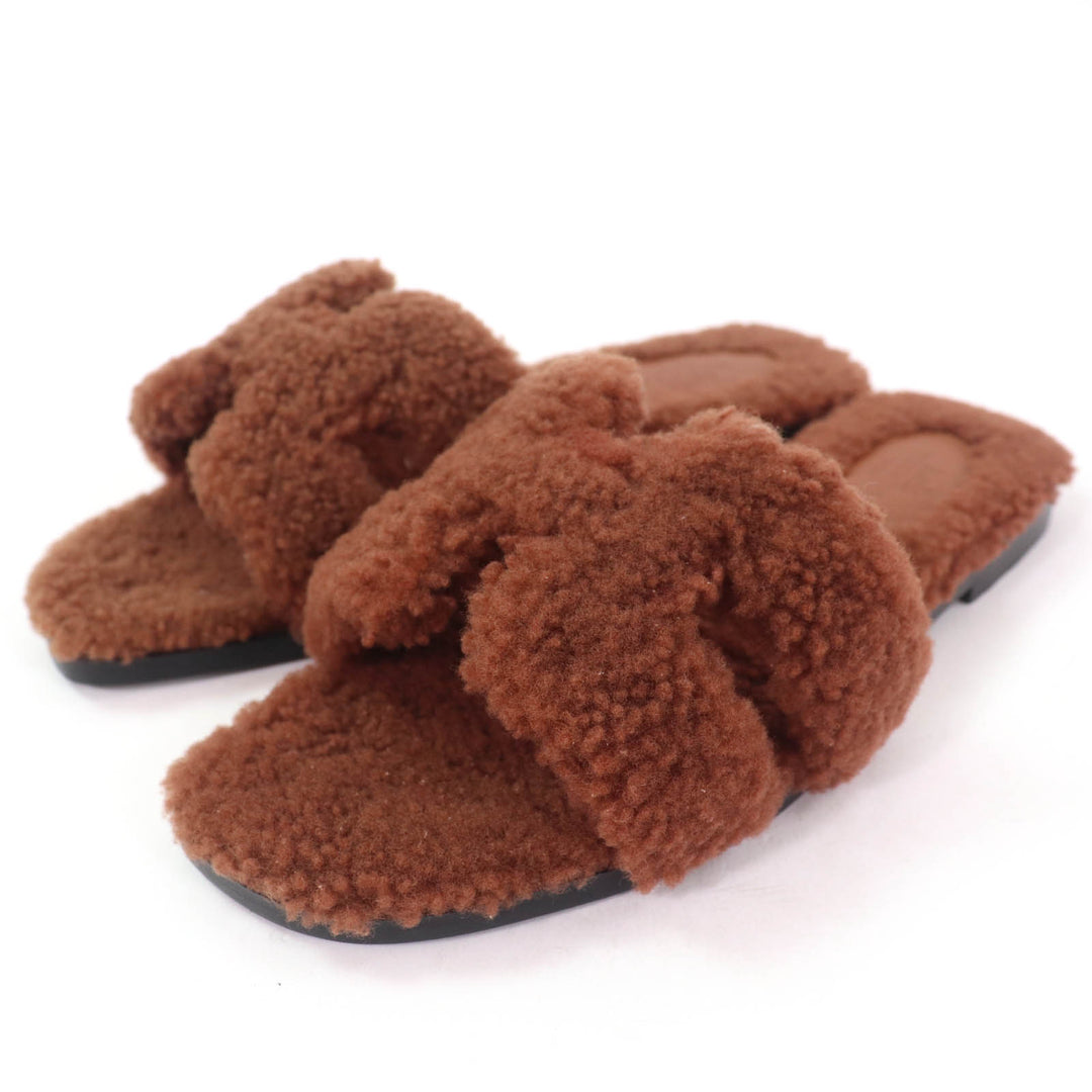 Excellent HERMES Sandals Oran Mules Flats Brown Mouton Women 36