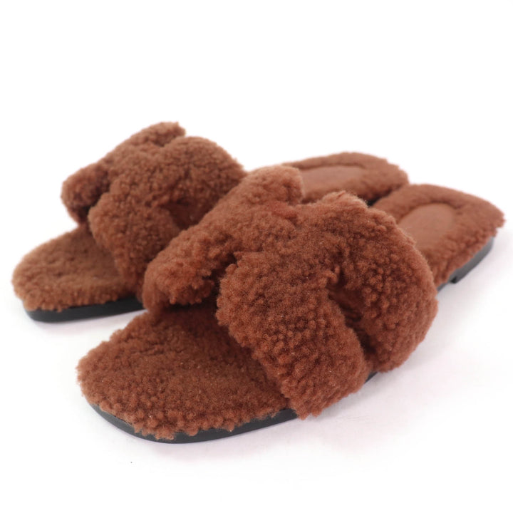 Excellent HERMES Sandals Oran Mules Flats Brown Mouton Women 36