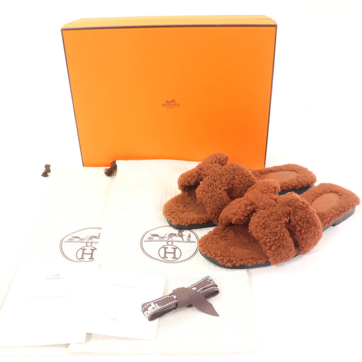 Excellent HERMES Sandals Oran Mules Flats Brown Mouton Women 36