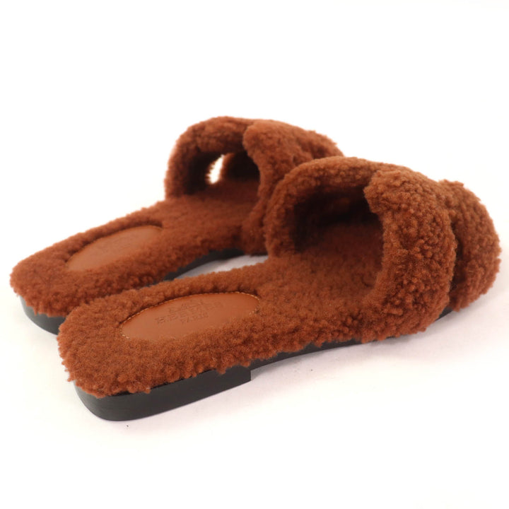 Excellent HERMES Sandals Oran Mules Flats Brown Mouton Women 36