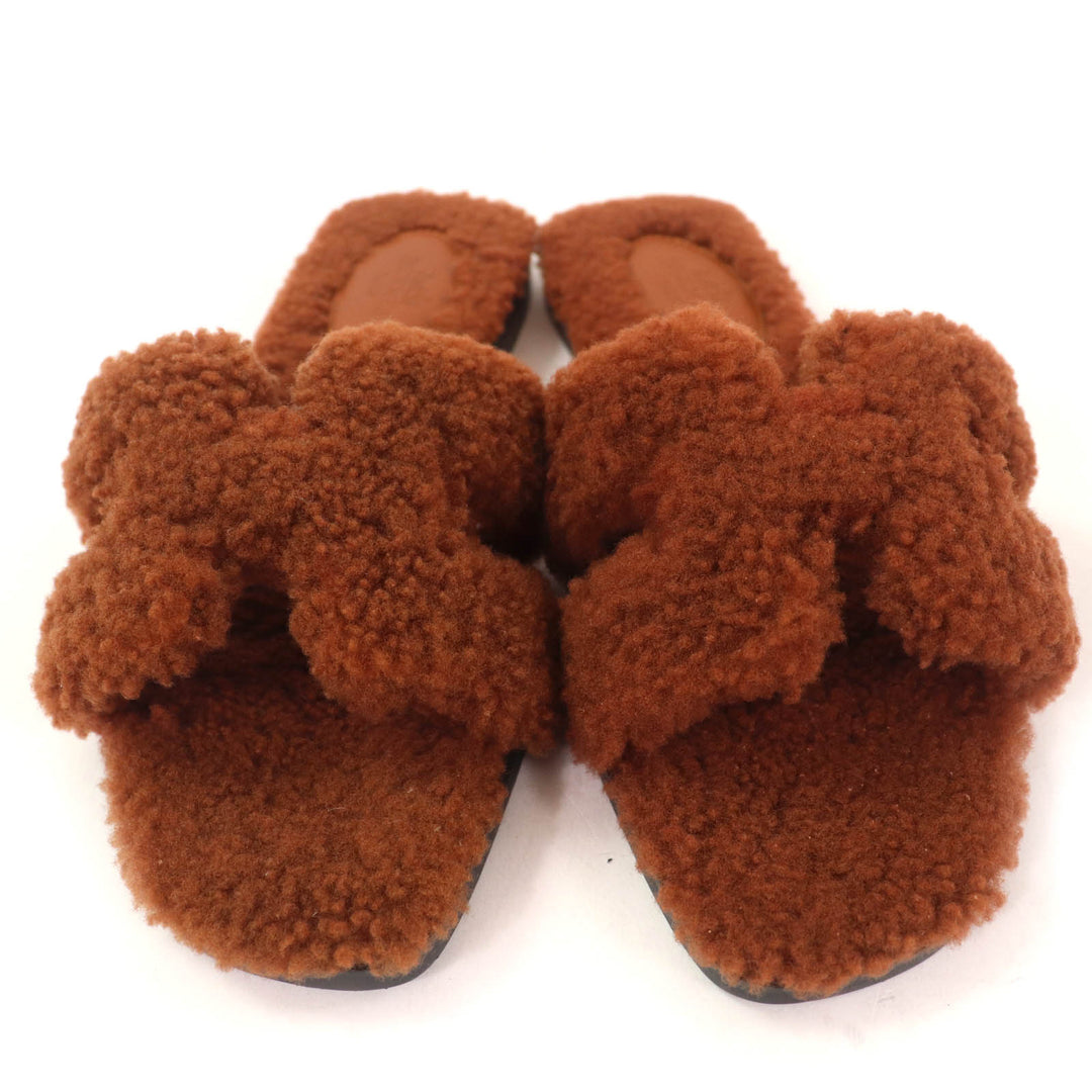 Excellent HERMES Sandals Oran Mules Flats Brown Mouton Women 36