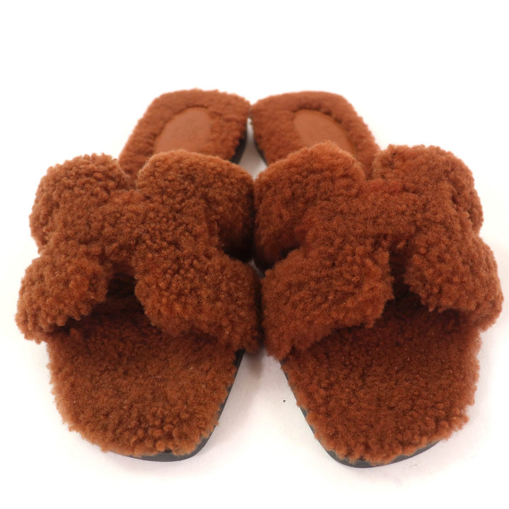 Excellent HERMES Sandals Oran Mules Flats Brown Mouton Women 36