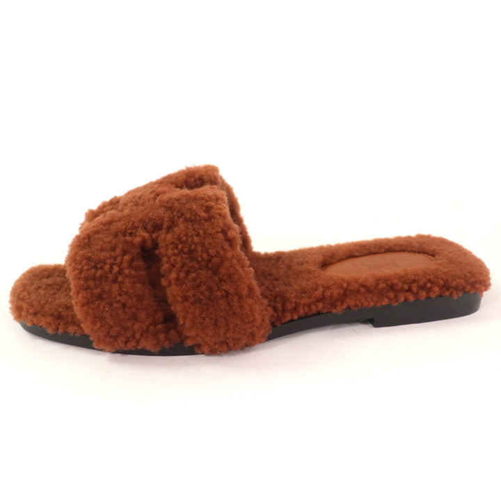 Excellent HERMES Sandals Oran Mules Flats Brown Mouton Women 36