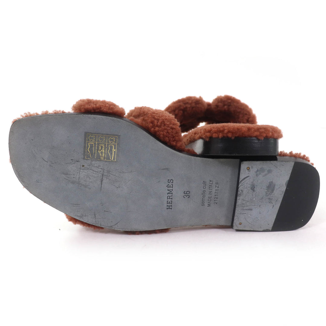 Excellent HERMES Sandals Oran Mules Flats Brown Mouton Women 36