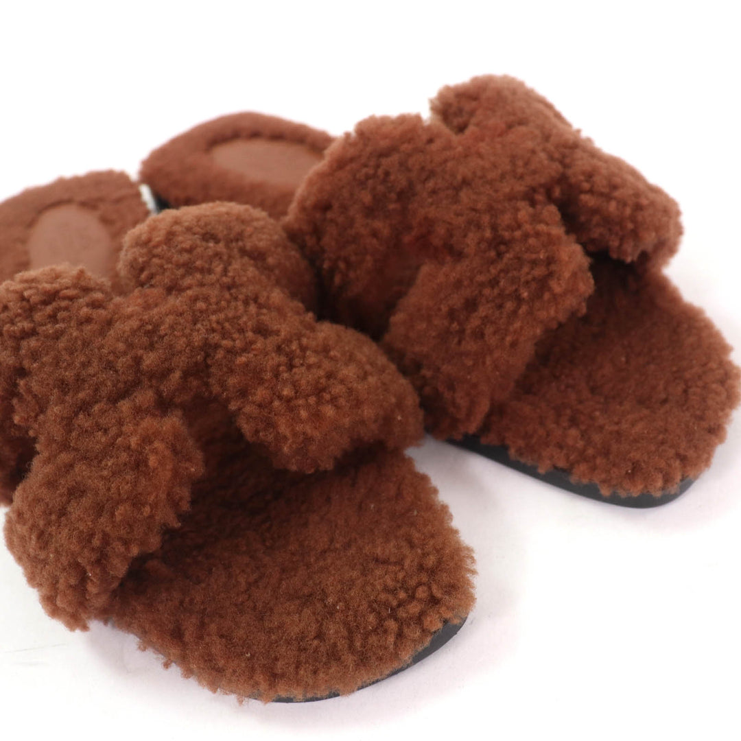 Excellent HERMES Sandals Oran Mules Flats Brown Mouton Women 36