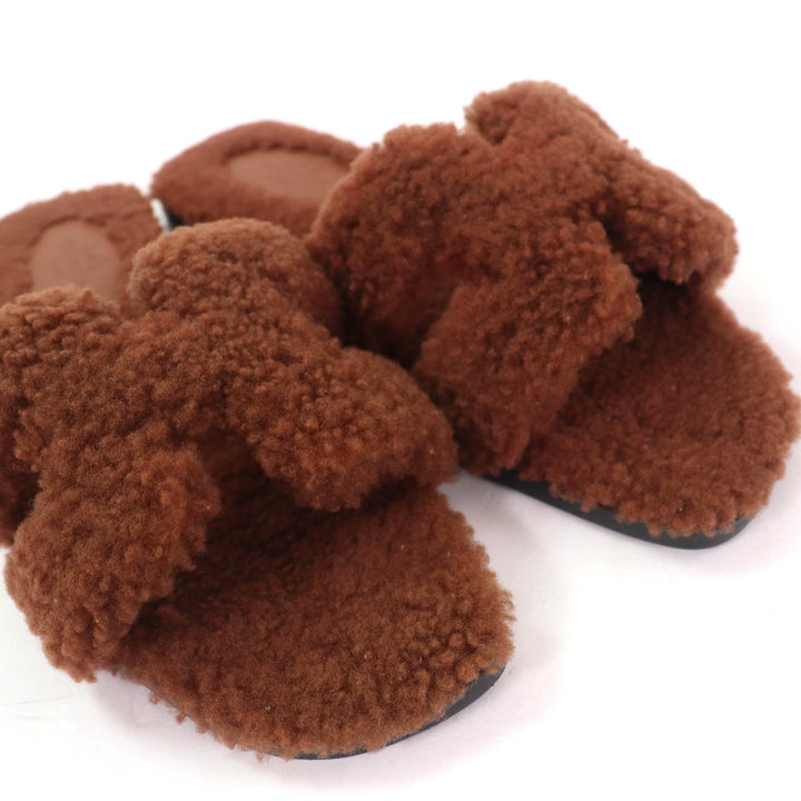 Excellent HERMES Sandals Oran Mules Flats Brown Mouton Women 36