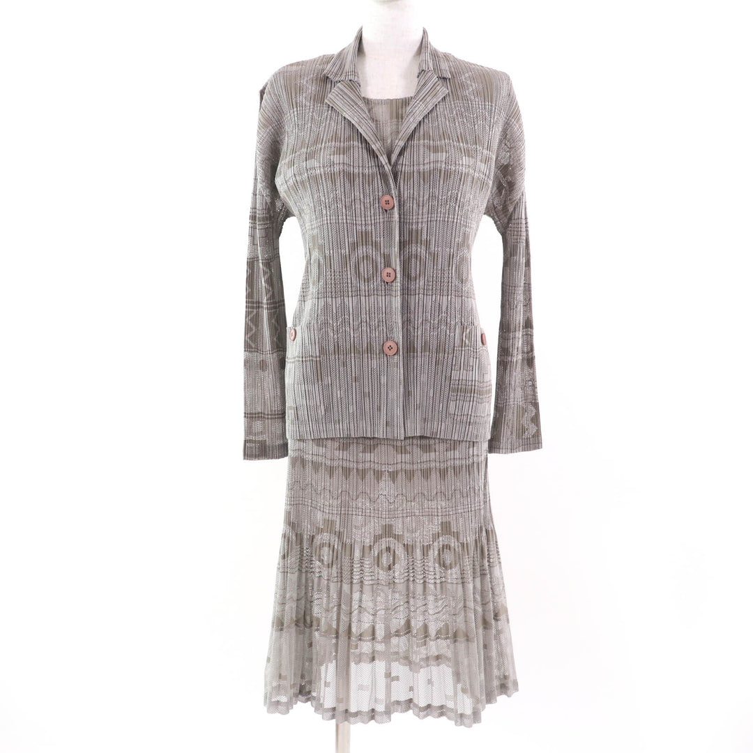 Excellent PLEATS PLEASE two-piece set Geometric print ensemble skirt Gray Women 3