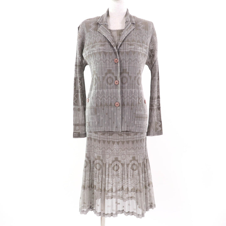 Excellent PLEATS PLEASE two-piece set Geometric print ensemble skirt Gray Women 3