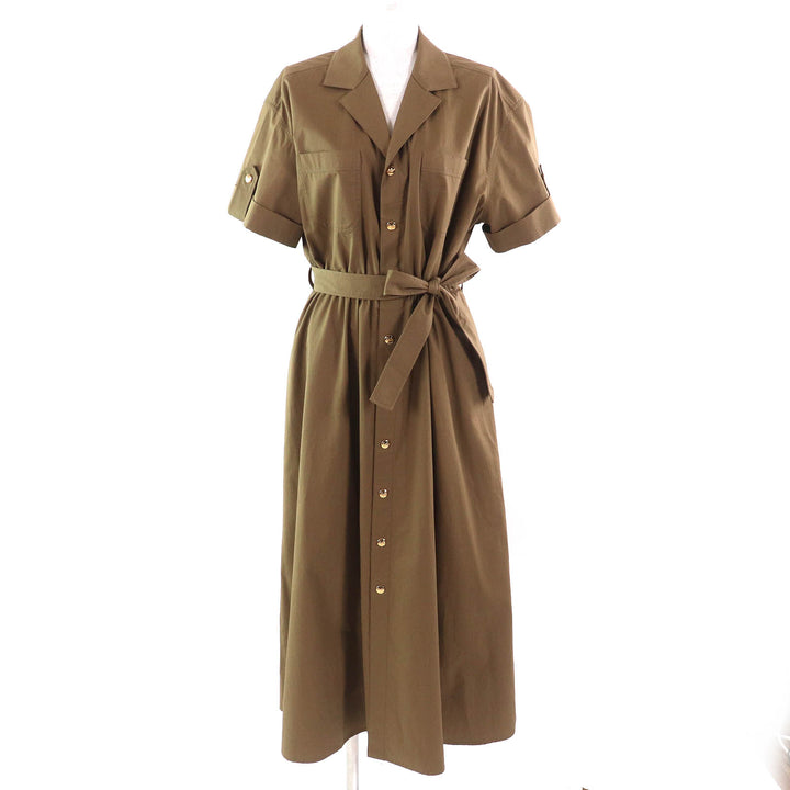 Excellent CELINE one piece Cotton Twill Safari Dress Short Sleeve Shirt olive 36