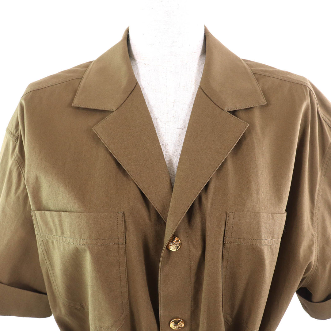 Excellent CELINE one piece Cotton Twill Safari Dress Short Sleeve Shirt olive 36