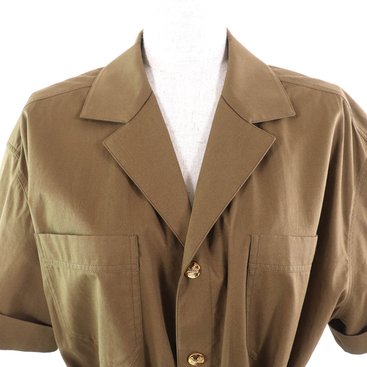 Excellent CELINE one piece Cotton Twill Safari Dress Short Sleeve Shirt olive 36