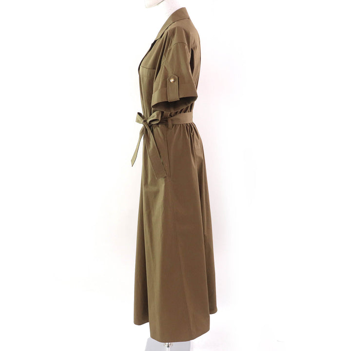 Excellent CELINE one piece Cotton Twill Safari Dress Short Sleeve Shirt olive 36