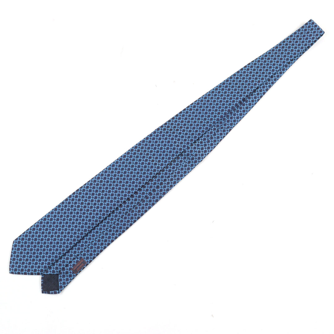 Excellent HERMES tie CRAVATE All-over print, H logo on lining Blue navy silk