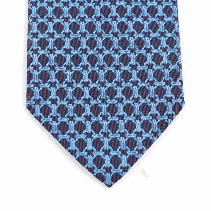 Excellent HERMES tie CRAVATE All-over print, H logo on lining Blue navy silk