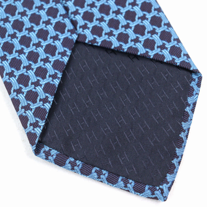 Excellent HERMES tie CRAVATE All-over print, H logo on lining Blue navy silk