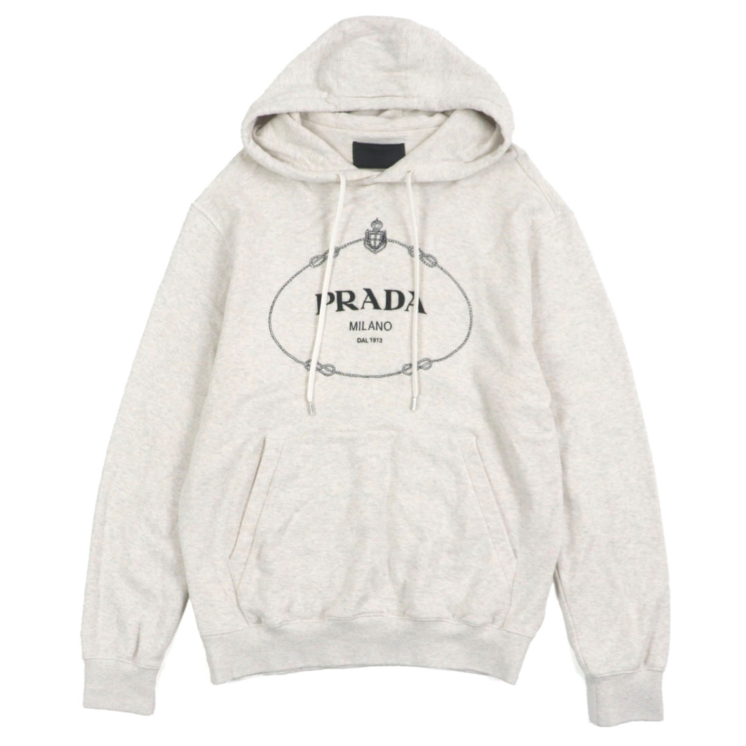 Great PRADA hoodie Logo Embroidered Hoodie Pullover Light gray cotton mens S UJL24B