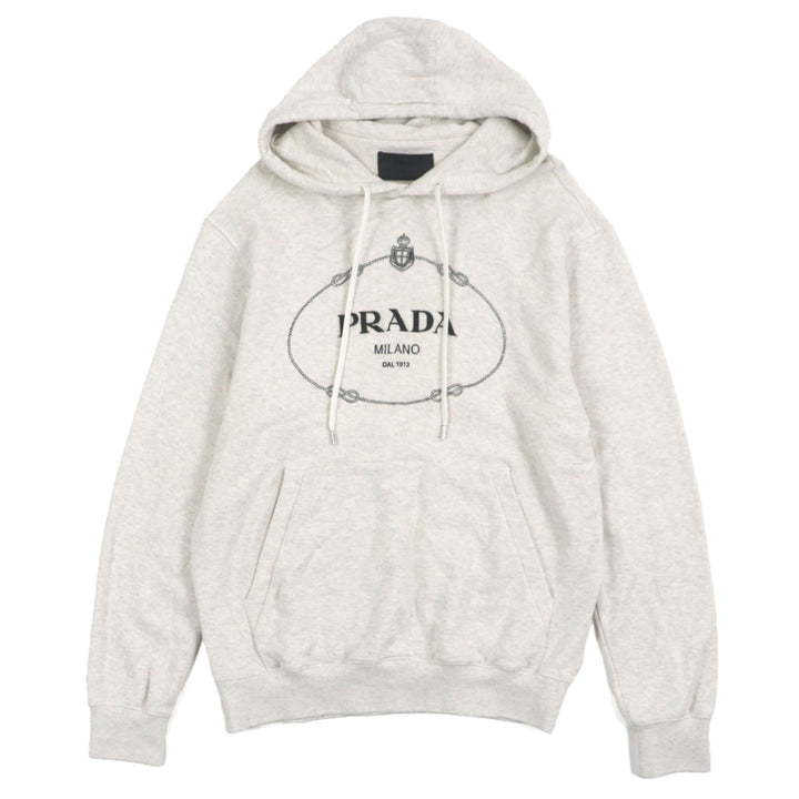 Great PRADA hoodie Logo Embroidered Hoodie Pullover Light gray cotton mens S UJL24B