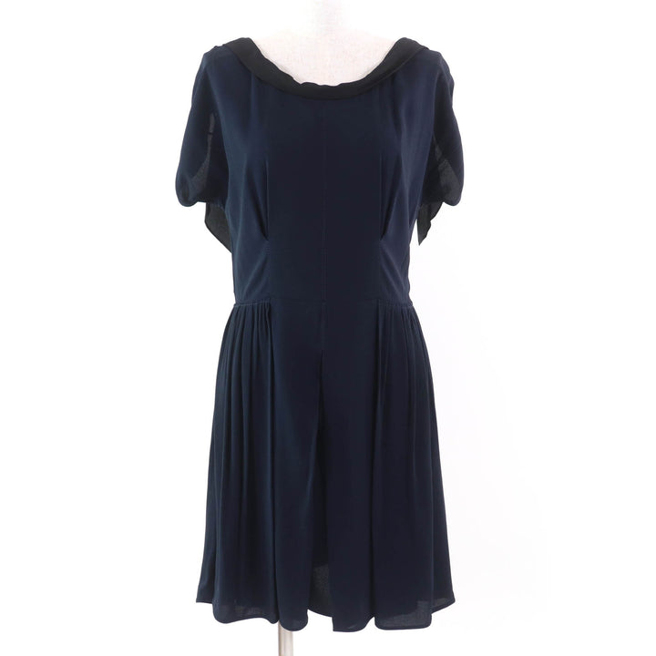 Great MIUMIU one piece Ribbon design French sleeves Navy Rayon Women 42 MF1894