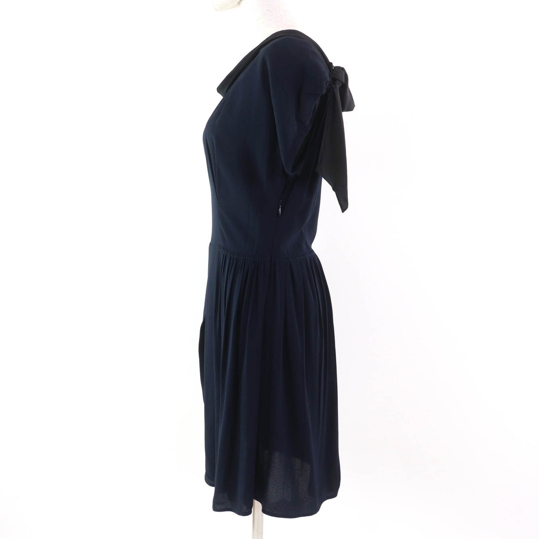 Great MIUMIU one piece Ribbon design French sleeves Navy Rayon Women 42 MF1894