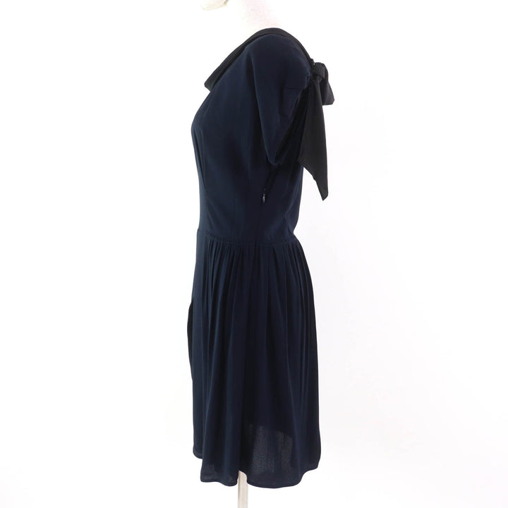 Great MIUMIU one piece Ribbon design French sleeves Navy Rayon Women 42 MF1894