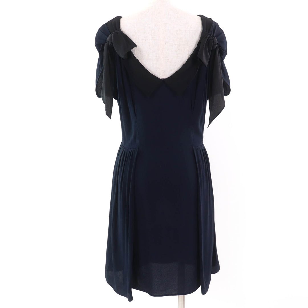Great MIUMIU one piece Ribbon design French sleeves Navy Rayon Women 42 MF1894