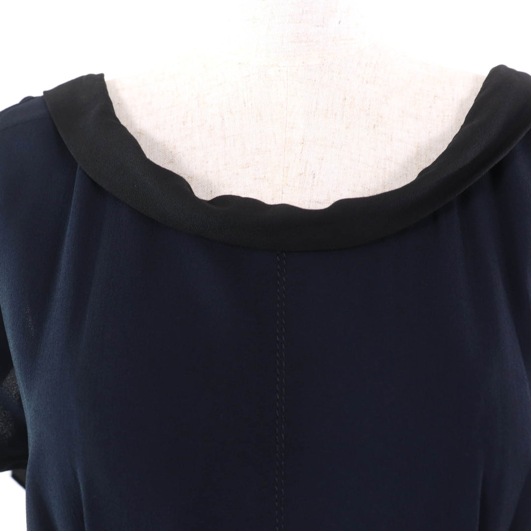 Great MIUMIU one piece Ribbon design French sleeves Navy Rayon Women 42 MF1894