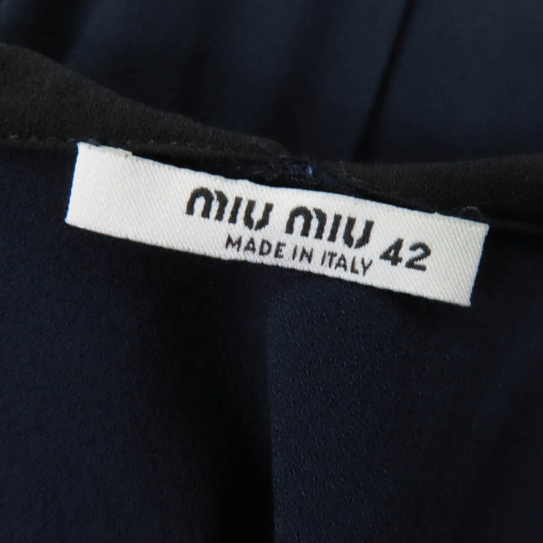 Great MIUMIU one piece Ribbon design French sleeves Navy Rayon Women 42 MF1894