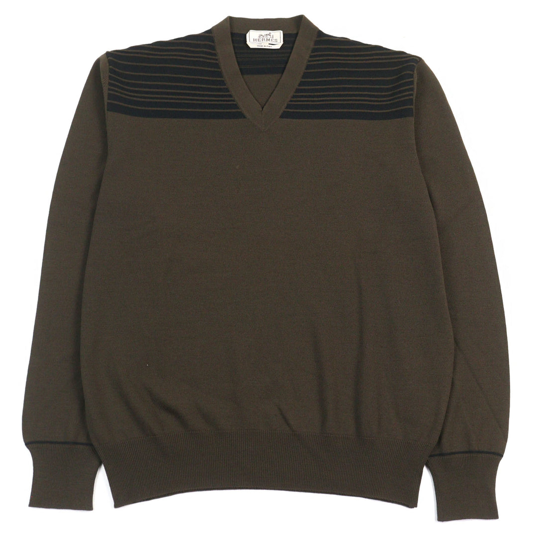 Great HERMES knit V-neck Bicolor Shoulder Border Pattern Khaki Green wool mens XL