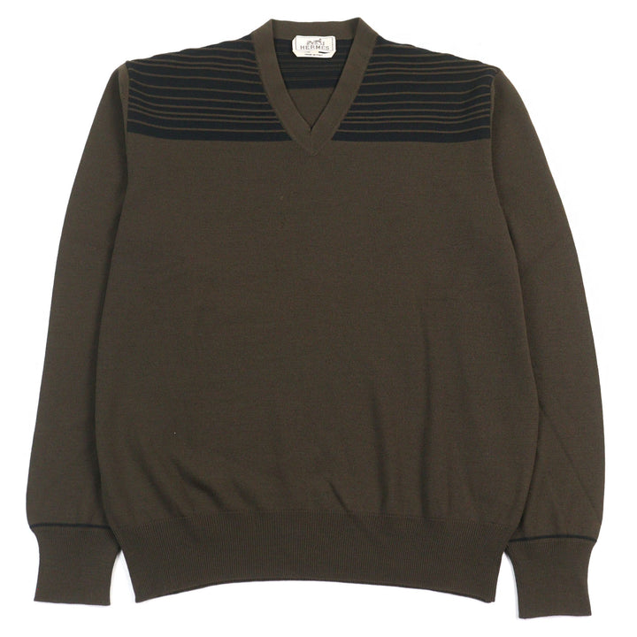 Great HERMES knit V-neck Bicolor Shoulder Border Pattern Khaki Green wool mens XL