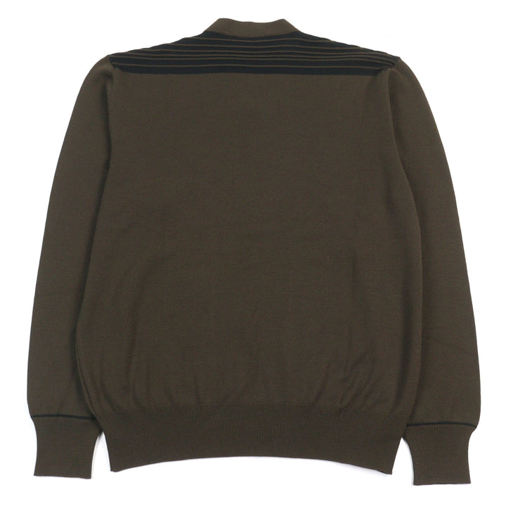 Great HERMES knit V-neck Bicolor Shoulder Border Pattern Khaki Green wool mens