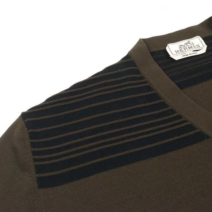 Great HERMES knit V-neck Bicolor Shoulder Border Pattern Khaki Green wool mens XL