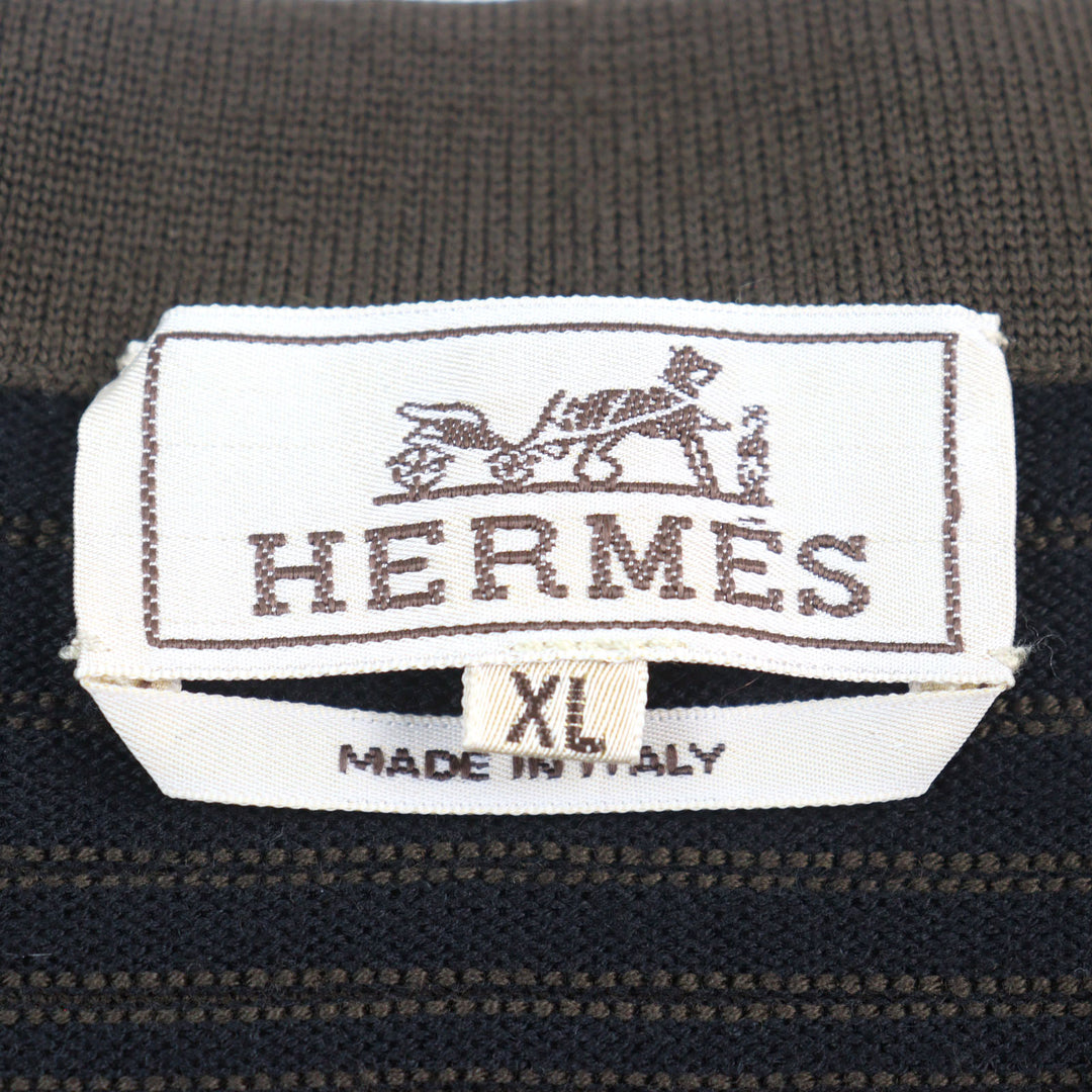 Great HERMES knit V-neck Bicolor Shoulder Border Pattern Khaki Green wool mens