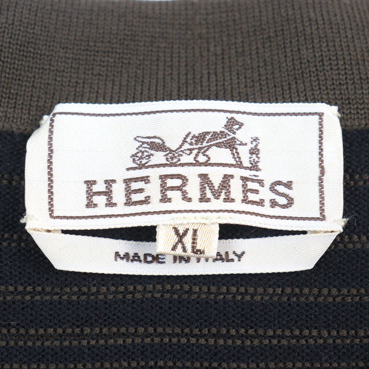 Great HERMES knit V-neck Bicolor Shoulder Border Pattern Khaki Green wool mens