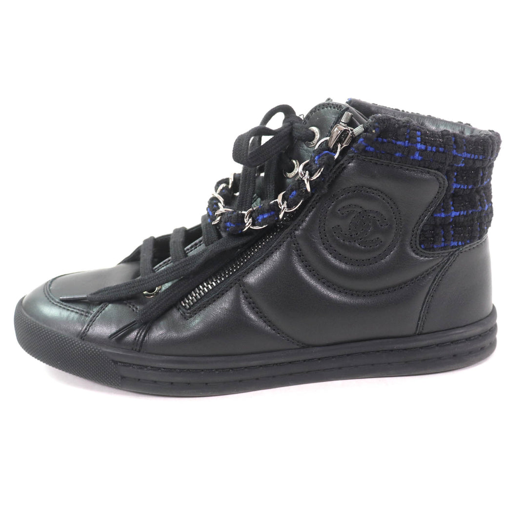 Great CHANEL High cut sneakers Black blue leather Women 35 G31316