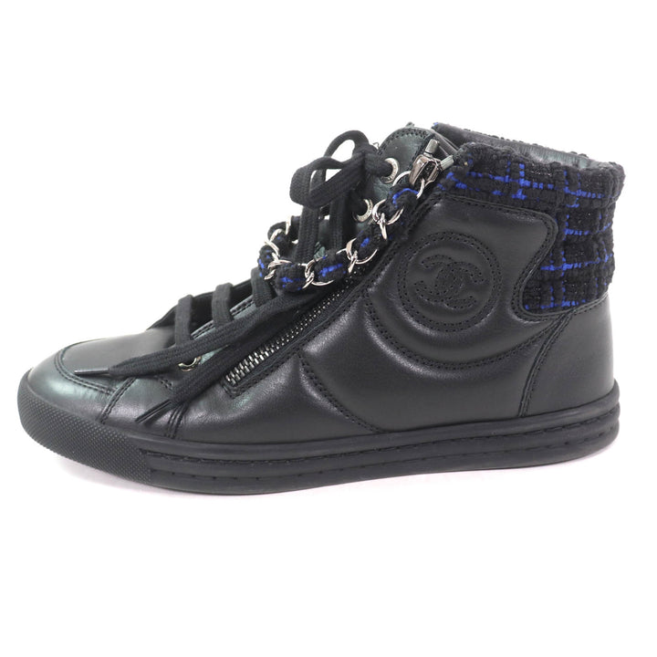 Great CHANEL High cut sneakers Black blue leather Women 35 G31316