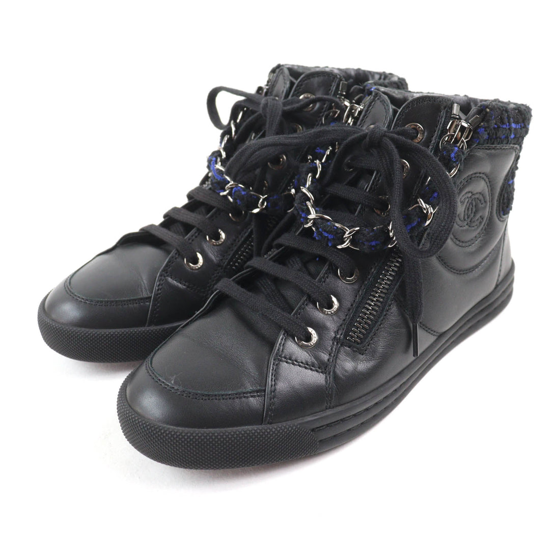 Great CHANEL High cut sneakers Black blue leather Women 35 G31316