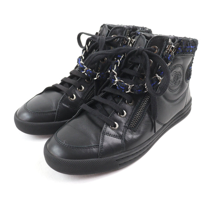 Great CHANEL High cut sneakers Black blue leather Women 35 G31316