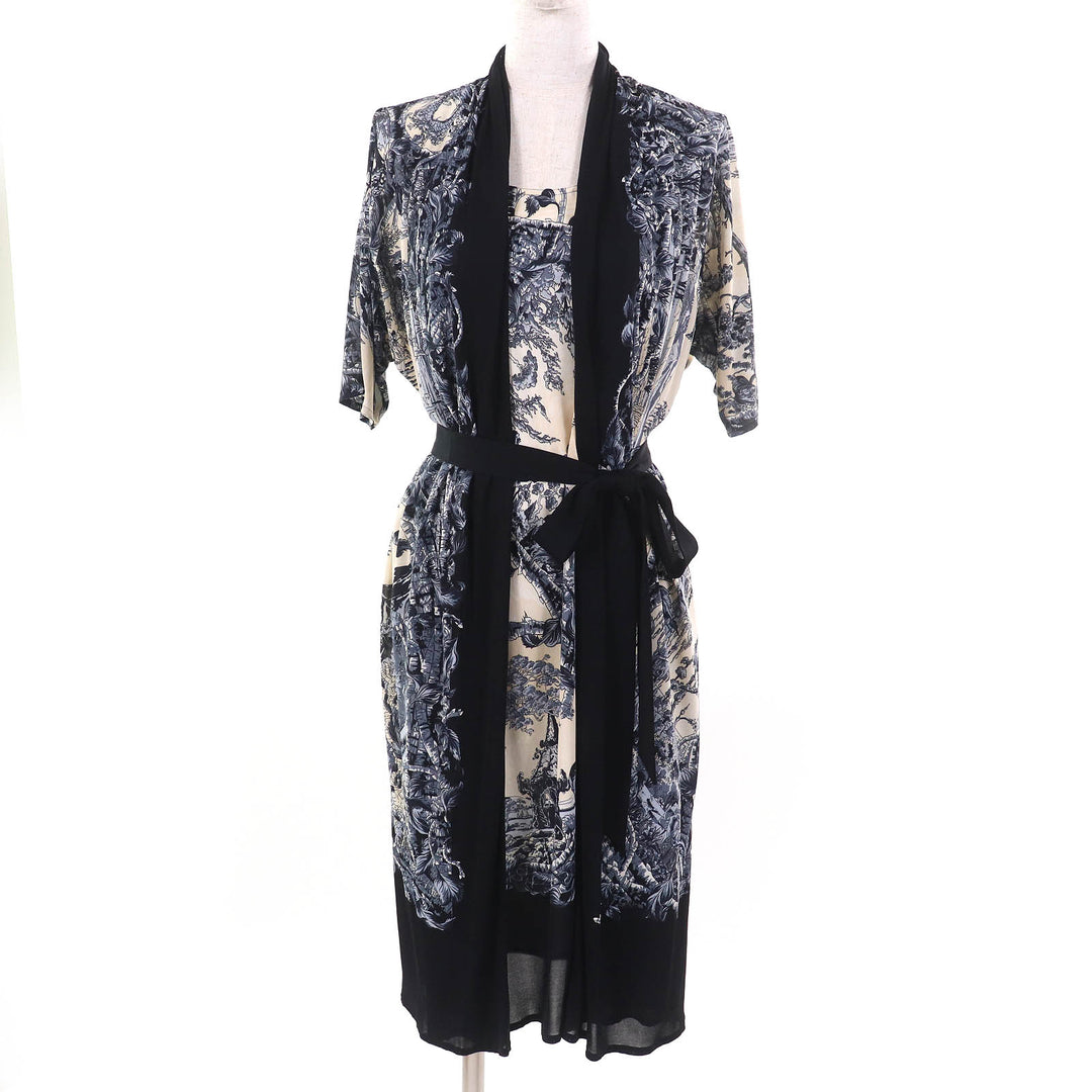 Great HERMES one piece FANTAISIE PITTORESQUE Belted chiffon Navy Blue Beige 34