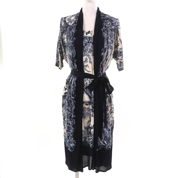 Great HERMES one piece FANTAISIE PITTORESQUE Belted chiffon Navy Blue Beige 34