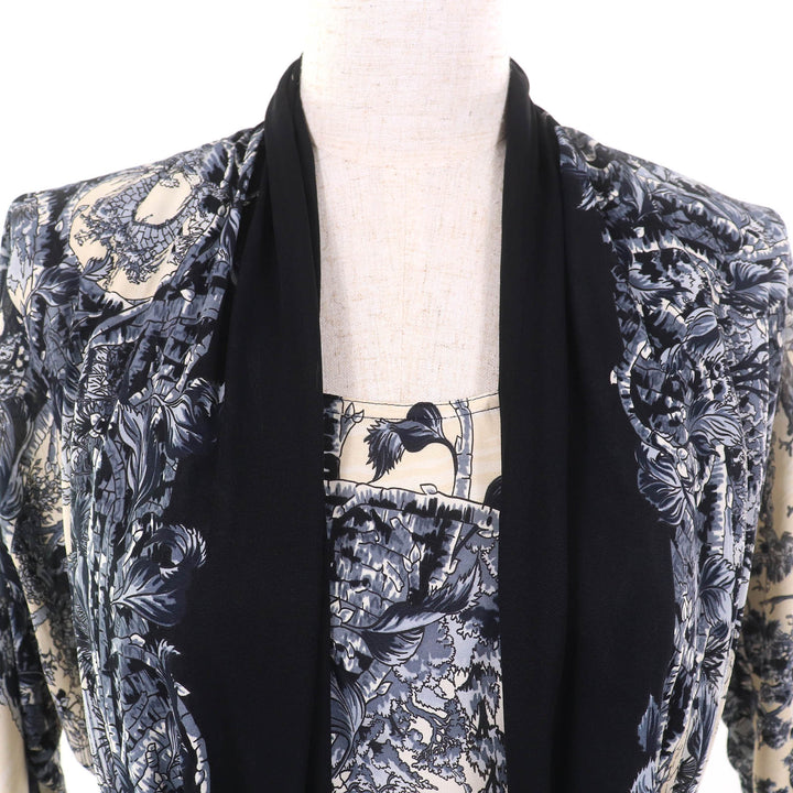 Great HERMES one piece FANTAISIE PITTORESQUE Belted chiffon Navy Blue Beige 34