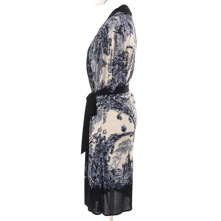 Great HERMES one piece FANTAISIE PITTORESQUE Belted chiffon Navy Blue Beige 34