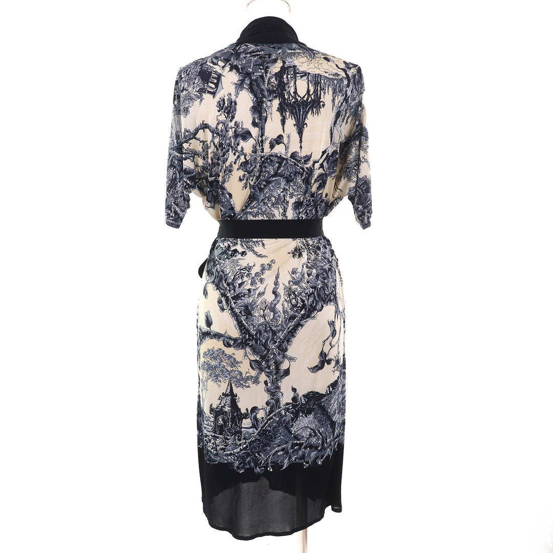 Great HERMES one piece FANTAISIE PITTORESQUE Belted chiffon Navy Blue Beige 34